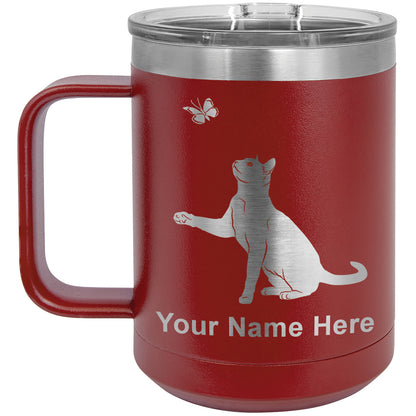 15oz Vacuum Insulated Coffee Mug, Cat with Butterfly, Personalized Engraving Included