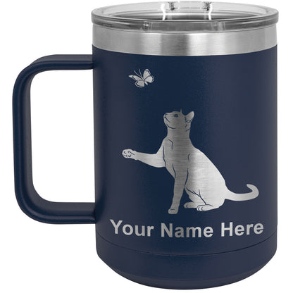 15oz Vacuum Insulated Coffee Mug, Cat with Butterfly, Personalized Engraving Included