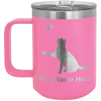 15oz Vacuum Insulated Coffee Mug, Cat with Butterfly, Personalized Engraving Included