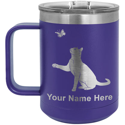 15oz Vacuum Insulated Coffee Mug, Cat with Butterfly, Personalized Engraving Included