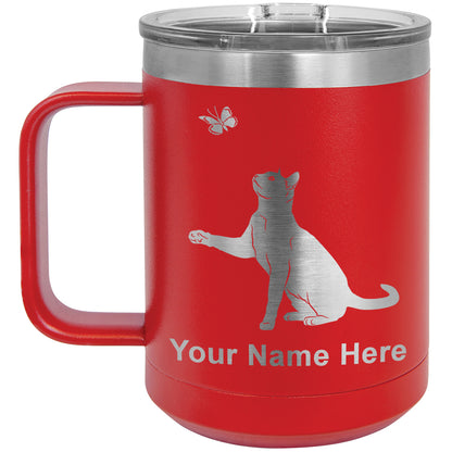 15oz Vacuum Insulated Coffee Mug, Cat with Butterfly, Personalized Engraving Included