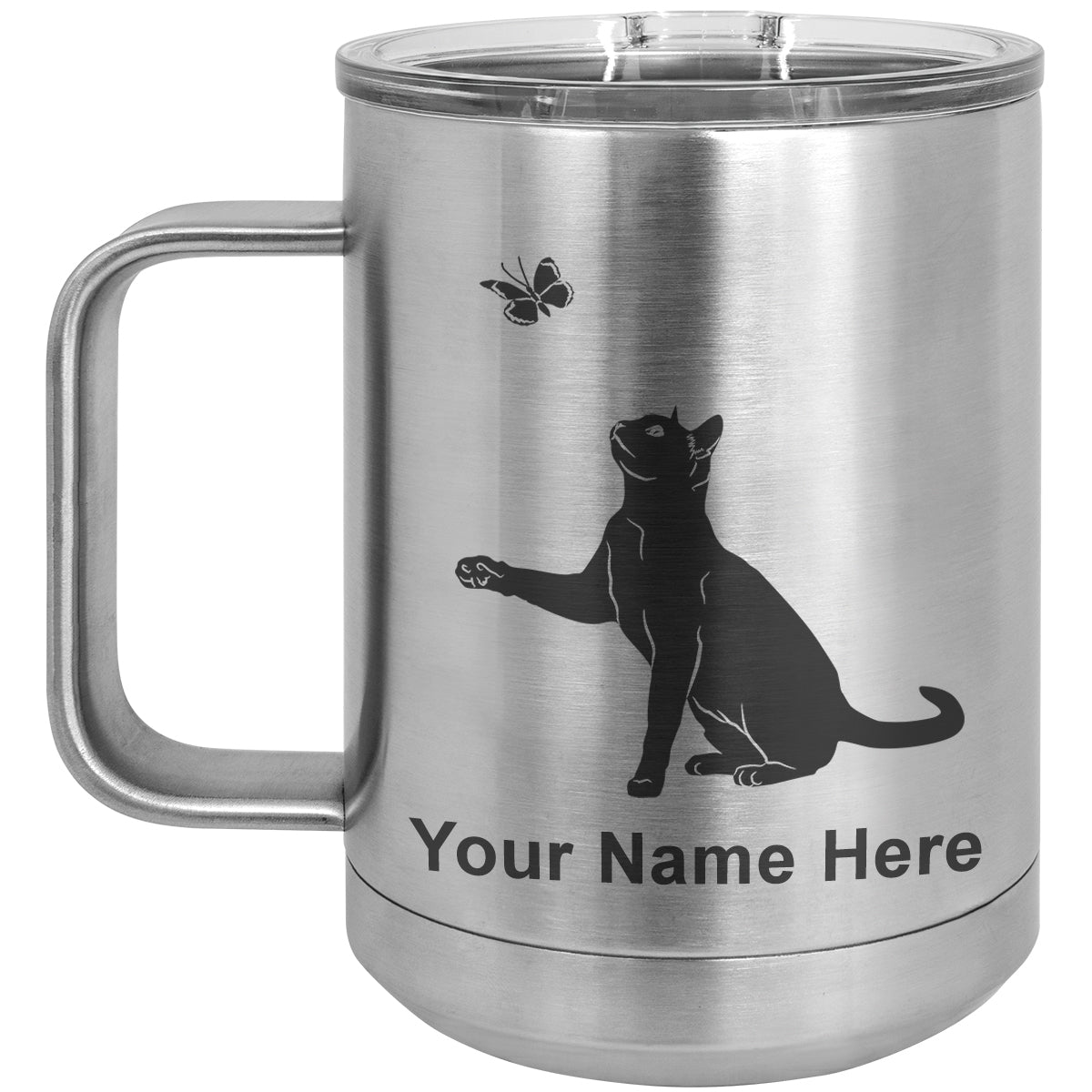 15oz Vacuum Insulated Coffee Mug, Cat with Butterfly, Personalized Engraving Included