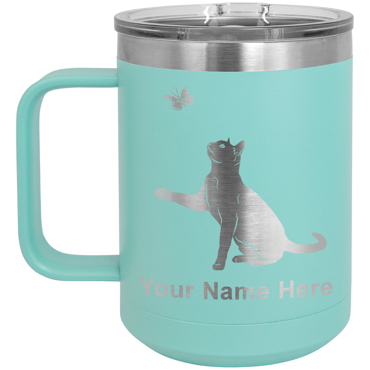 15oz Vacuum Insulated Coffee Mug, Cat with Butterfly, Personalized Engraving Included