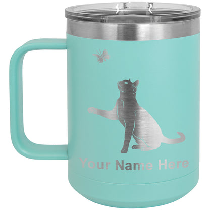15oz Vacuum Insulated Coffee Mug, Cat with Butterfly, Personalized Engraving Included