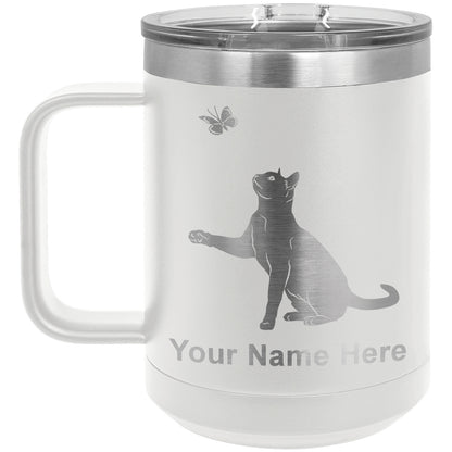 15oz Vacuum Insulated Coffee Mug, Cat with Butterfly, Personalized Engraving Included