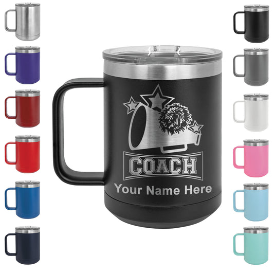 15oz Vacuum Insulated Coffee Mug, Cheerleading Coach, Personalized Engraving Included