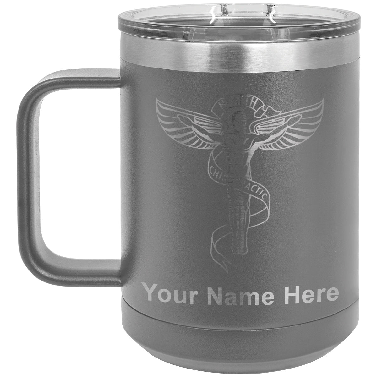 15oz Vacuum Insulated Coffee Mug, Chiropractic Symbol, Personalized Engraving Included
