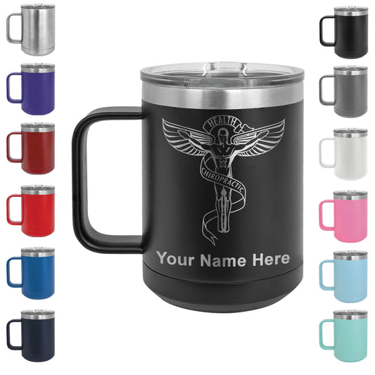 15oz Vacuum Insulated Coffee Mug, Chiropractic Symbol, Personalized Engraving Included