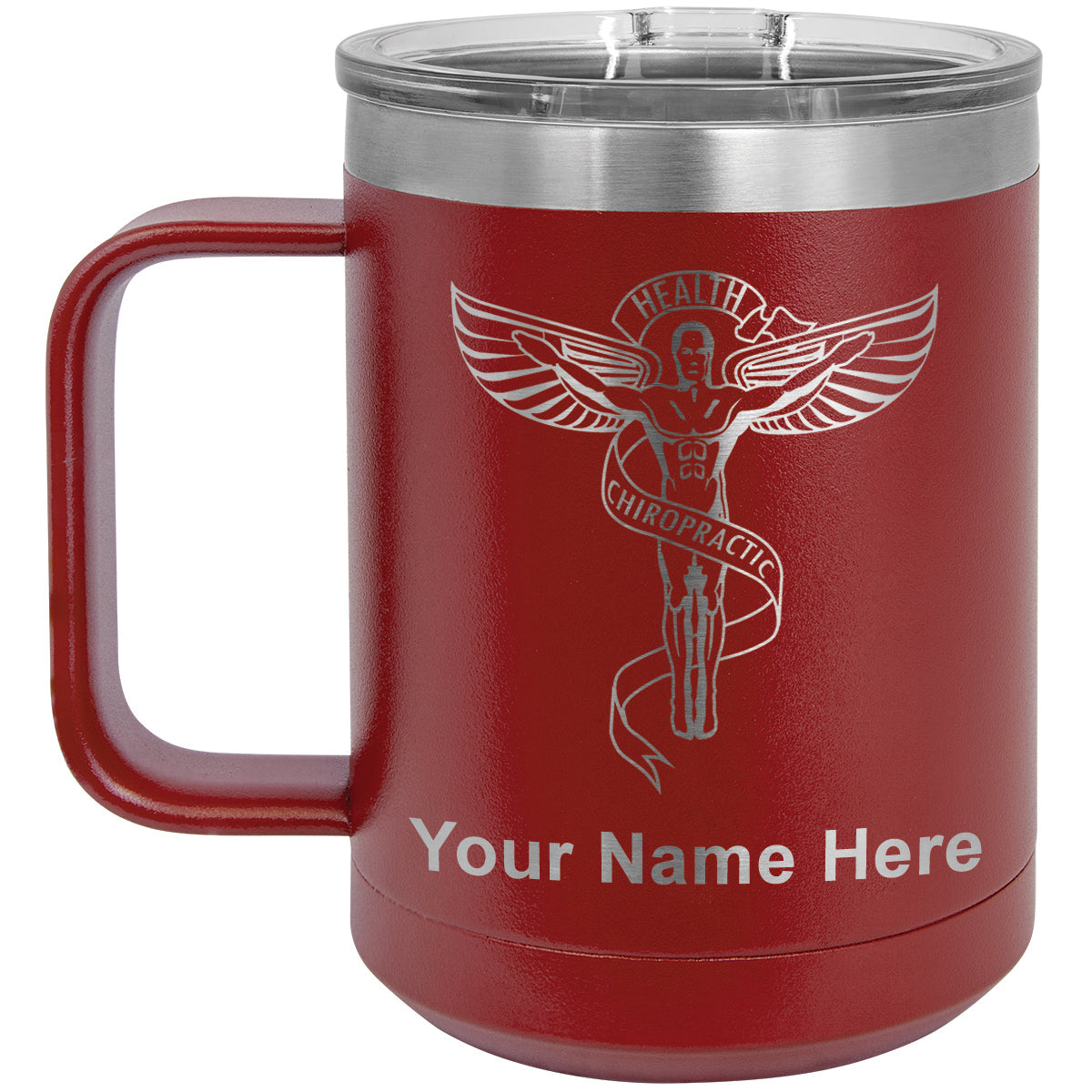 15oz Vacuum Insulated Coffee Mug, Chiropractic Symbol, Personalized Engraving Included