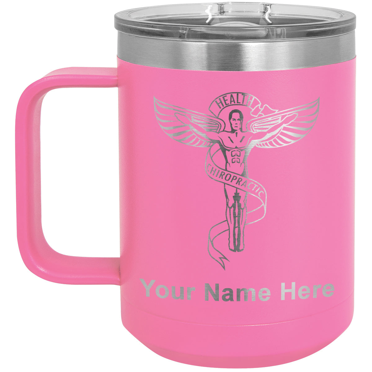 15oz Vacuum Insulated Coffee Mug, Chiropractic Symbol, Personalized Engraving Included