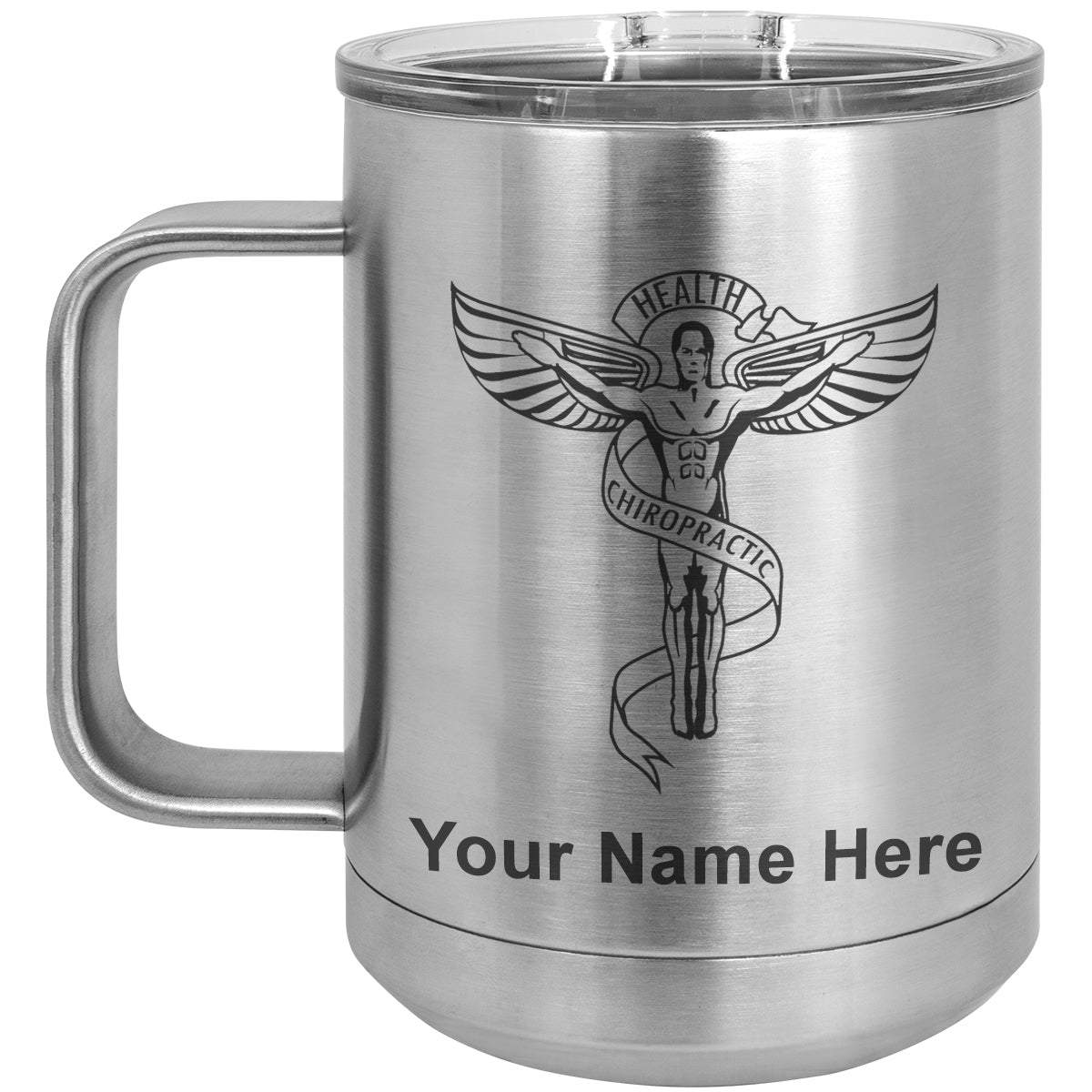 15oz Vacuum Insulated Coffee Mug, Chiropractic Symbol, Personalized Engraving Included