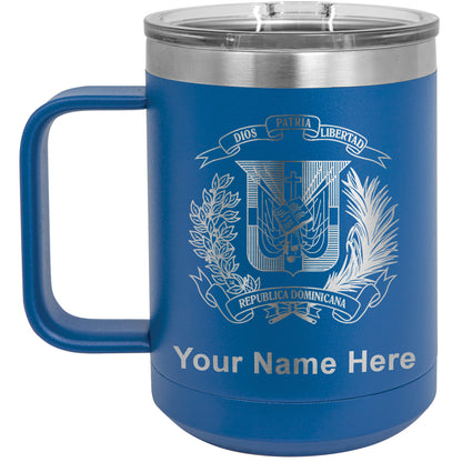 15oz Vacuum Insulated Coffee Mug, Coat of Arms Dominican Republic, Personalized Engraving Included