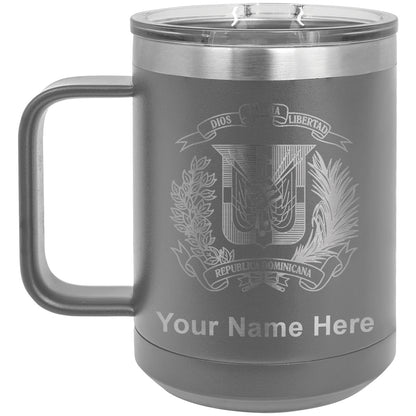 15oz Vacuum Insulated Coffee Mug, Coat of Arms Dominican Republic, Personalized Engraving Included