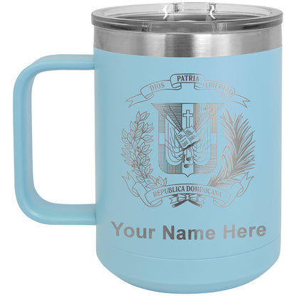 15oz Vacuum Insulated Coffee Mug, Coat of Arms Dominican Republic, Personalized Engraving Included