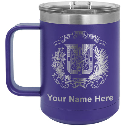 15oz Vacuum Insulated Coffee Mug, Coat of Arms Dominican Republic, Personalized Engraving Included
