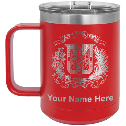 15oz Vacuum Insulated Coffee Mug, Coat of Arms Dominican Republic, Personalized Engraving Included