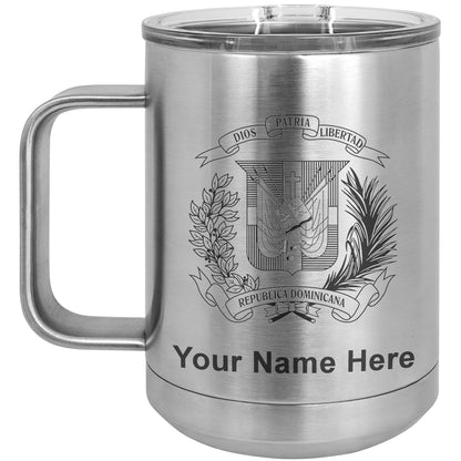 15oz Vacuum Insulated Coffee Mug, Coat of Arms Dominican Republic, Personalized Engraving Included