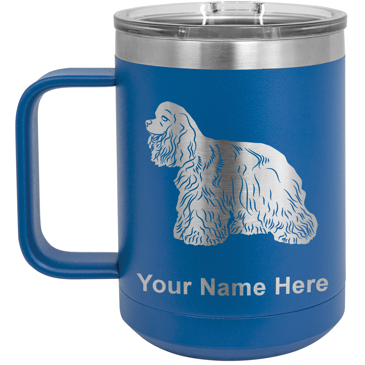15oz Vacuum Insulated Coffee Mug, Cocker Spaniel Dog, Personalized Engraving Included
