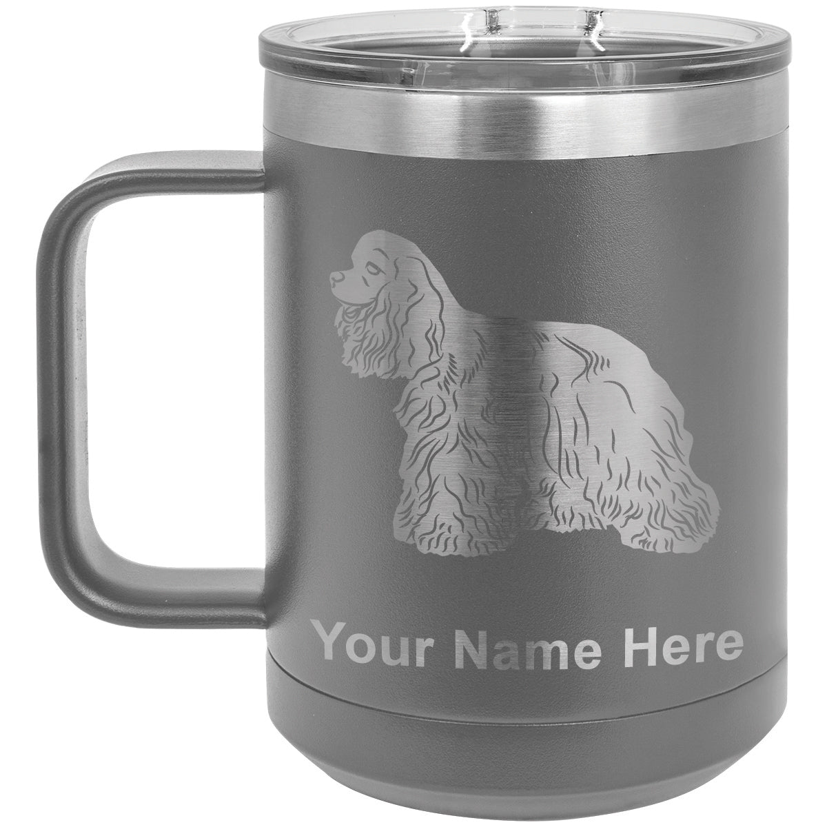 15oz Vacuum Insulated Coffee Mug, Cocker Spaniel Dog, Personalized Engraving Included
