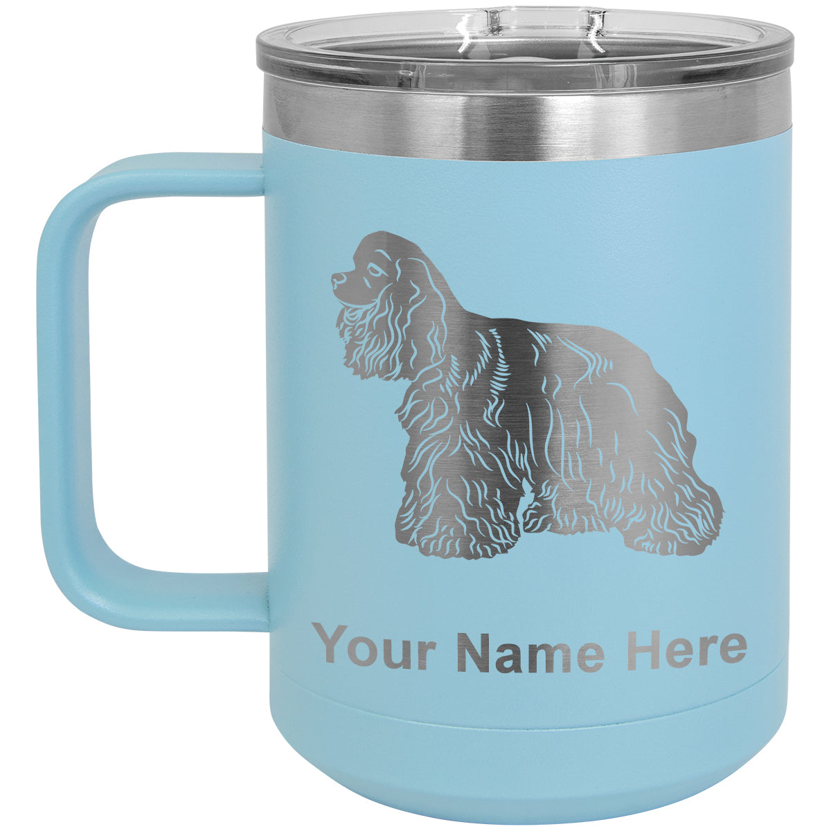 15oz Vacuum Insulated Coffee Mug, Cocker Spaniel Dog, Personalized Engraving Included