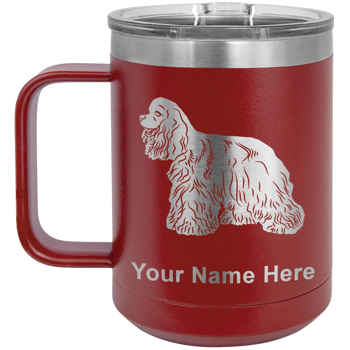 15oz Vacuum Insulated Coffee Mug, Cocker Spaniel Dog, Personalized Engraving Included