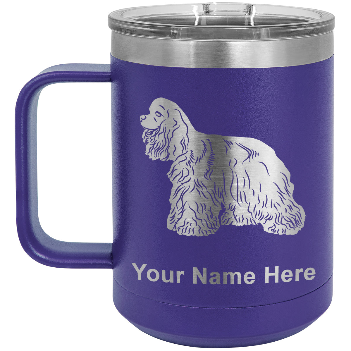 15oz Vacuum Insulated Coffee Mug, Cocker Spaniel Dog, Personalized Engraving Included