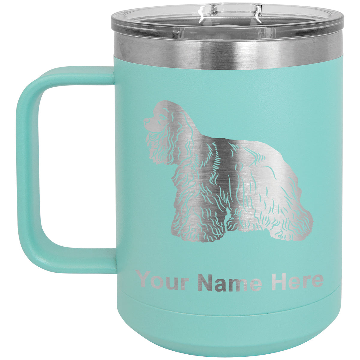 15oz Vacuum Insulated Coffee Mug, Cocker Spaniel Dog, Personalized Engraving Included