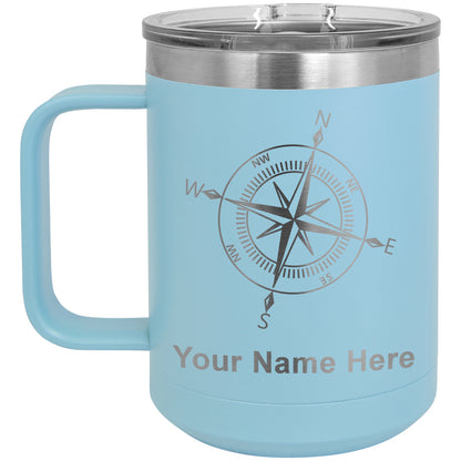 15oz Vacuum Insulated Coffee Mug, Compass Rose, Personalized Engraving Included
