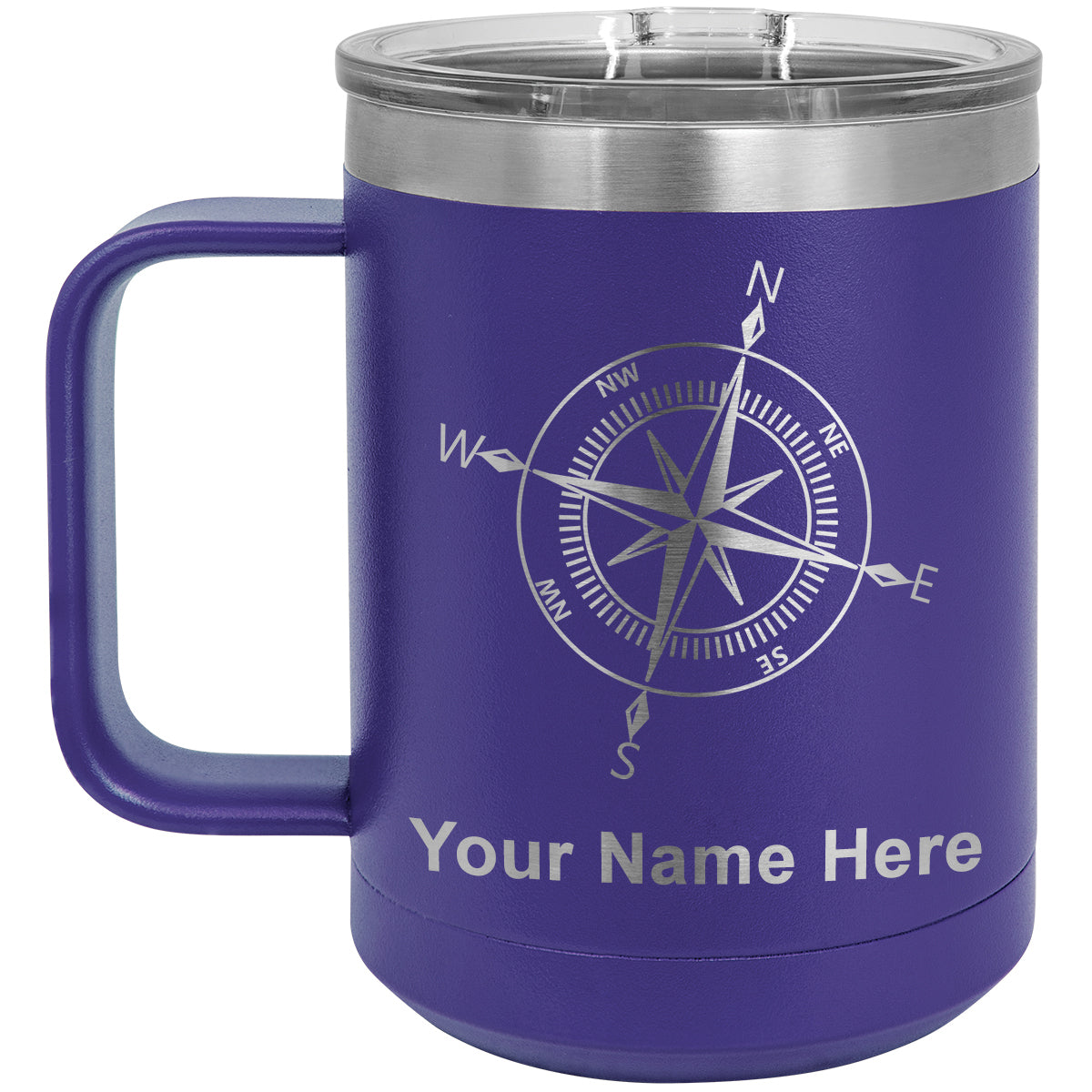 15oz Vacuum Insulated Coffee Mug, Compass Rose, Personalized Engraving Included