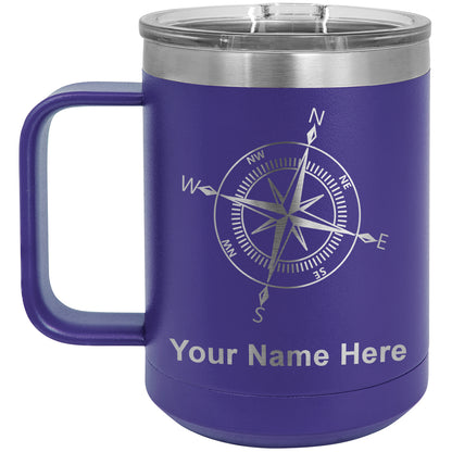 15oz Vacuum Insulated Coffee Mug, Compass Rose, Personalized Engraving Included