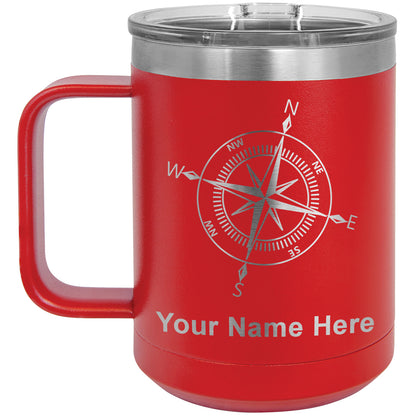 15oz Vacuum Insulated Coffee Mug, Compass Rose, Personalized Engraving Included