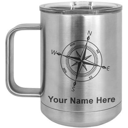15oz Vacuum Insulated Coffee Mug, Compass Rose, Personalized Engraving Included