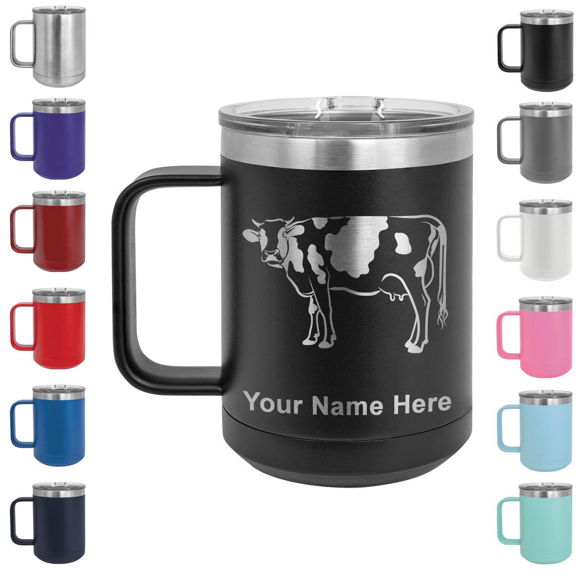 15oz Vacuum Insulated Coffee Mug, Cow, Personalized Engraving Included