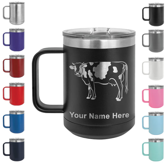 15oz Vacuum Insulated Coffee Mug, Cow, Personalized Engraving Included