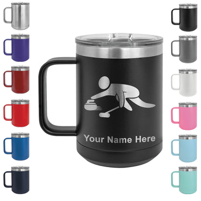 15oz Vacuum Insulated Coffee Mug, Curling Figure, Personalized Engraving Included