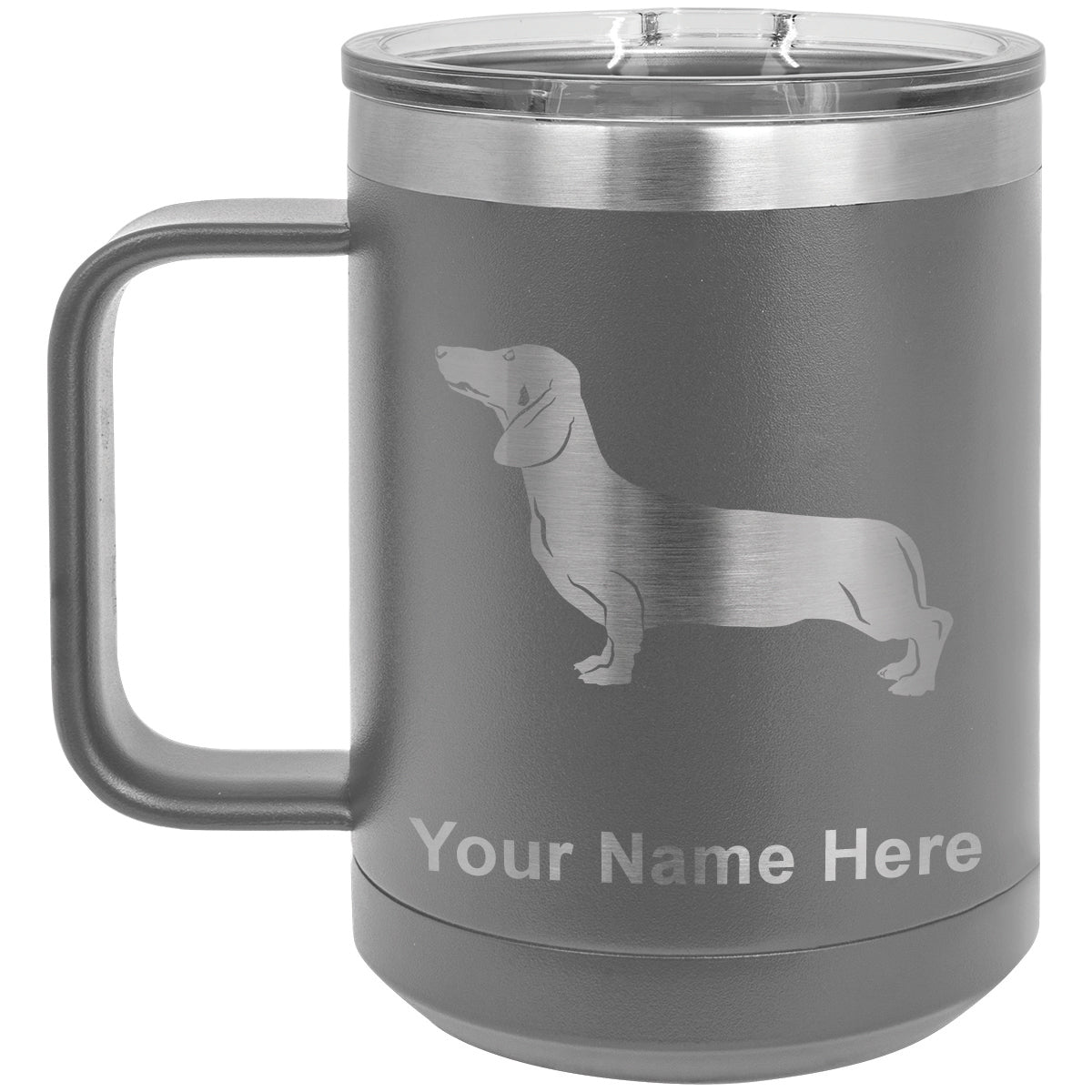 15oz Vacuum Insulated Coffee Mug, Dachshund Dog, Personalized Engraving Included