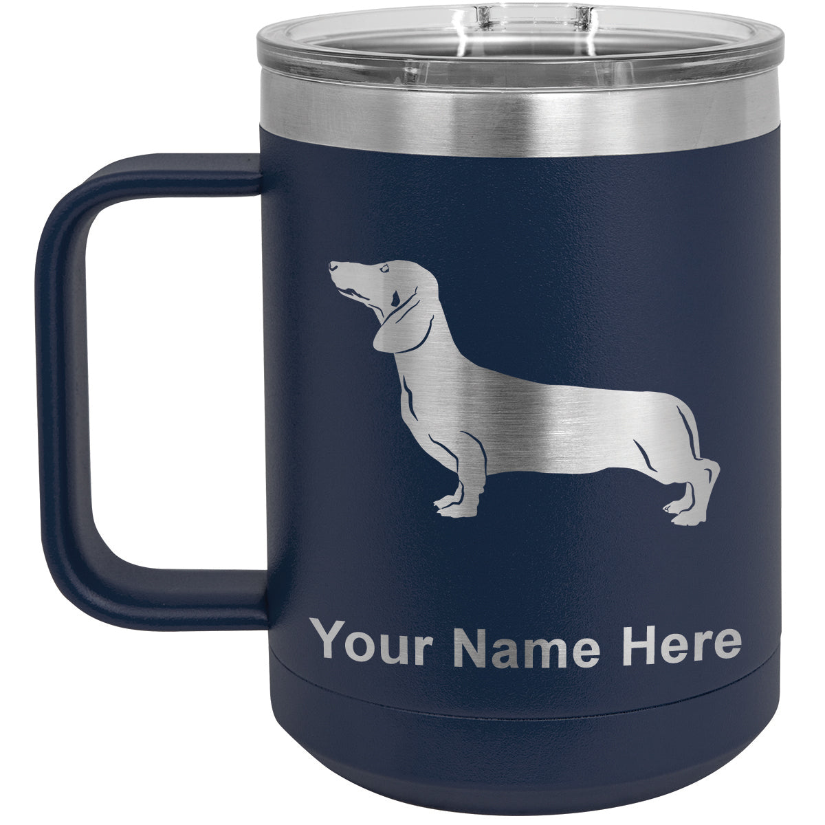 15oz Vacuum Insulated Coffee Mug, Dachshund Dog, Personalized Engraving Included