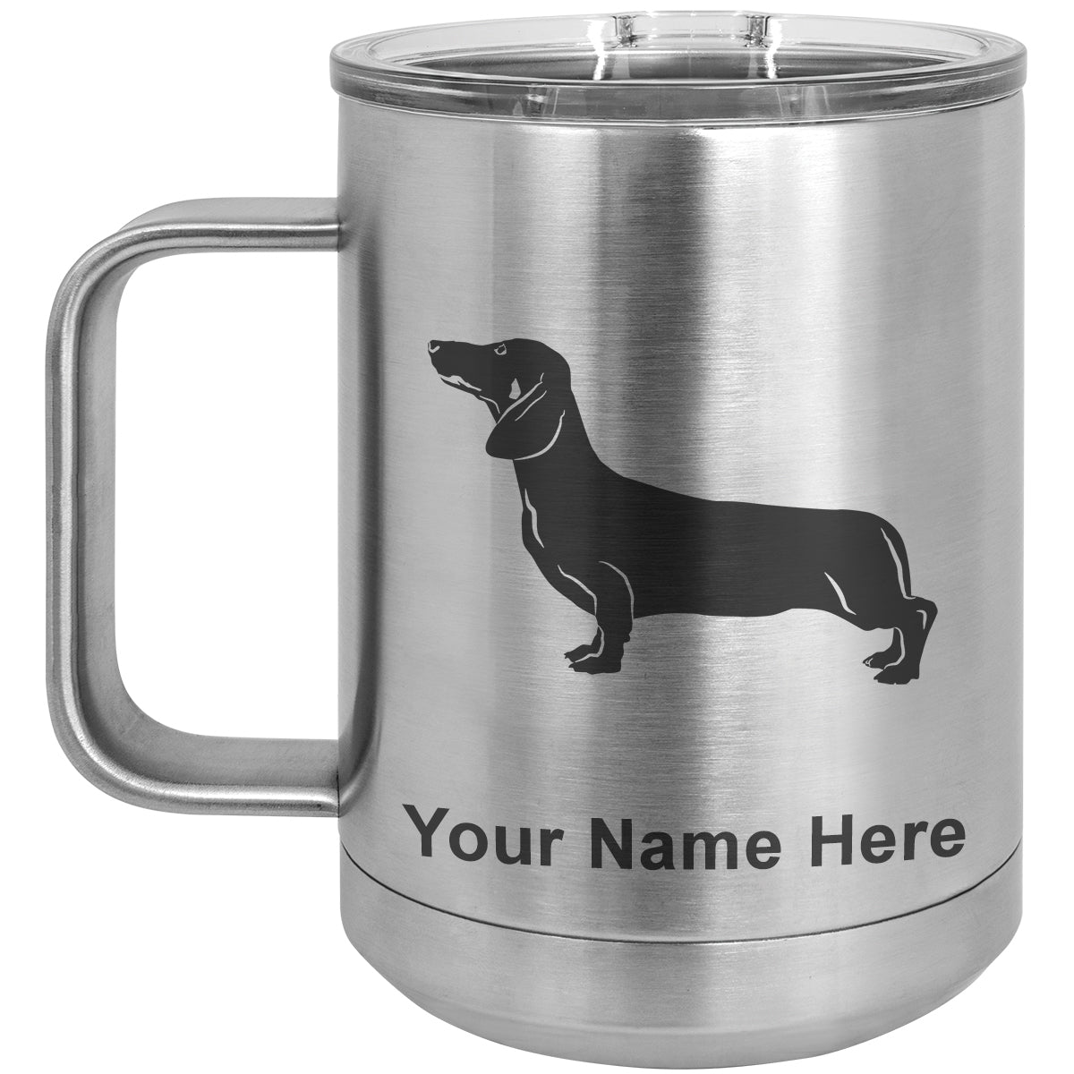 15oz Vacuum Insulated Coffee Mug, Dachshund Dog, Personalized Engraving Included