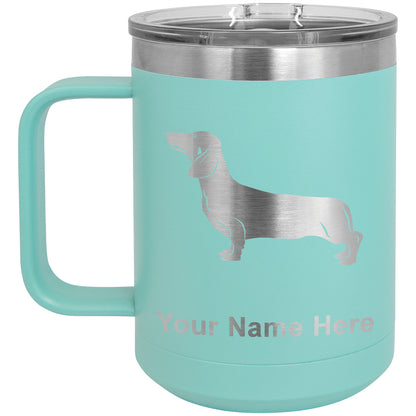 15oz Vacuum Insulated Coffee Mug, Dachshund Dog, Personalized Engraving Included