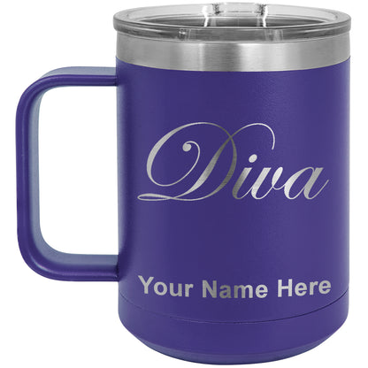 15oz Vacuum Insulated Coffee Mug, Diva, Personalized Engraving Included
