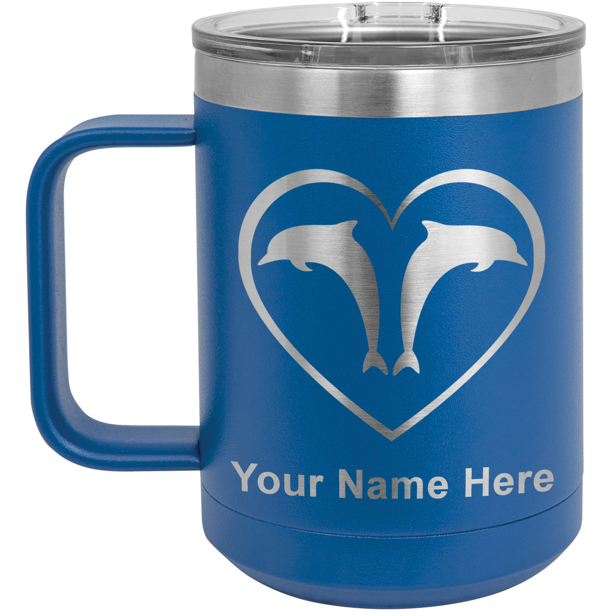 15oz Vacuum Insulated Coffee Mug, Dolphin Heart, Personalized Engraving Included
