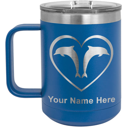 15oz Vacuum Insulated Coffee Mug, Dolphin Heart, Personalized Engraving Included