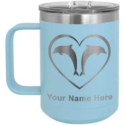 15oz Vacuum Insulated Coffee Mug, Dolphin Heart, Personalized Engraving Included