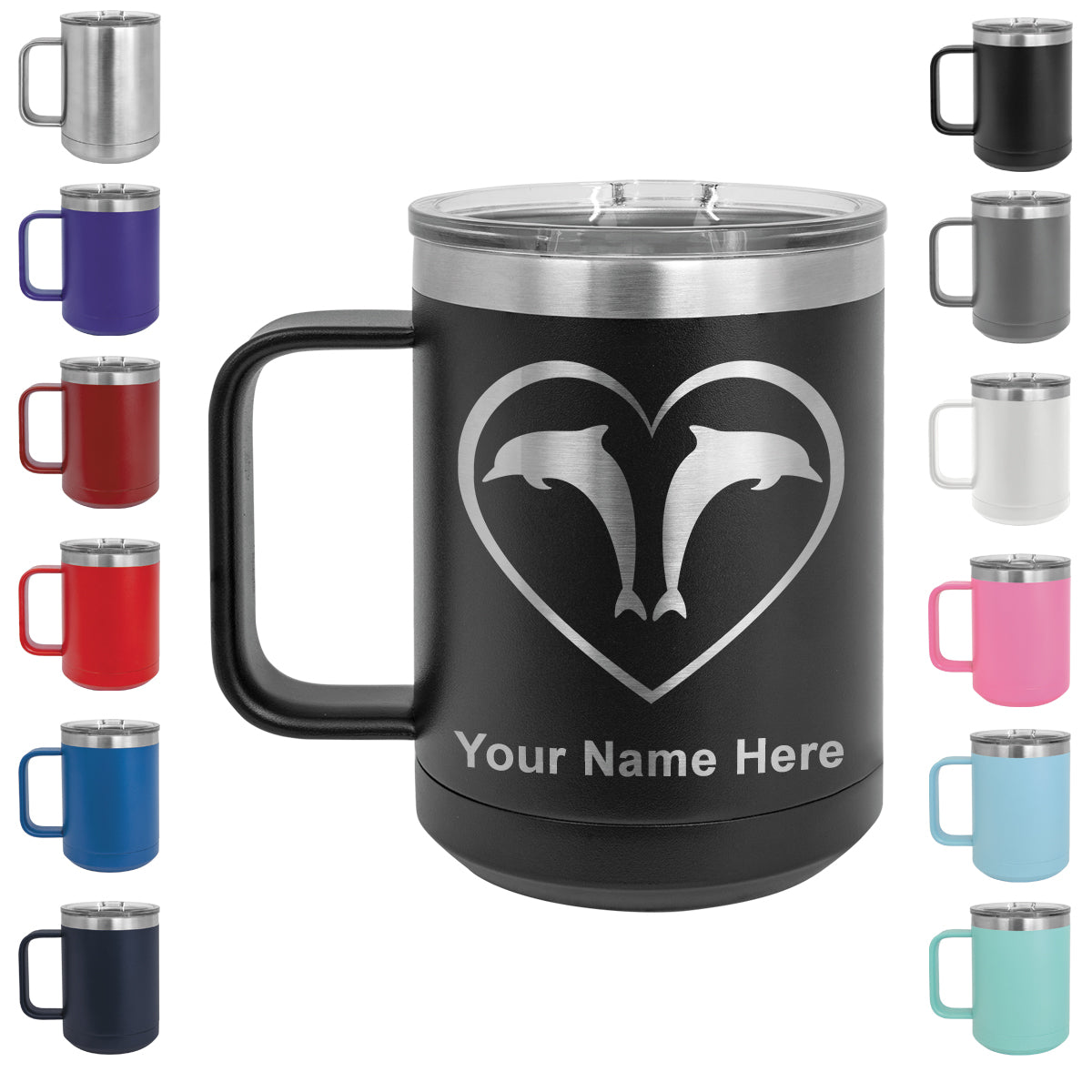 15oz Vacuum Insulated Coffee Mug, Dolphin Heart, Personalized Engraving Included
