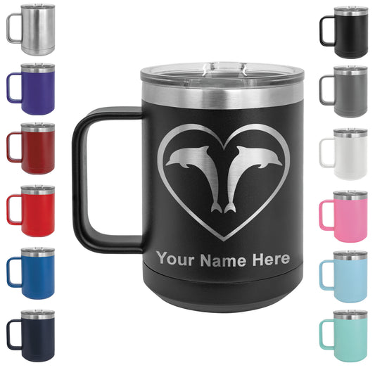 15oz Vacuum Insulated Coffee Mug, Dolphin Heart, Personalized Engraving Included