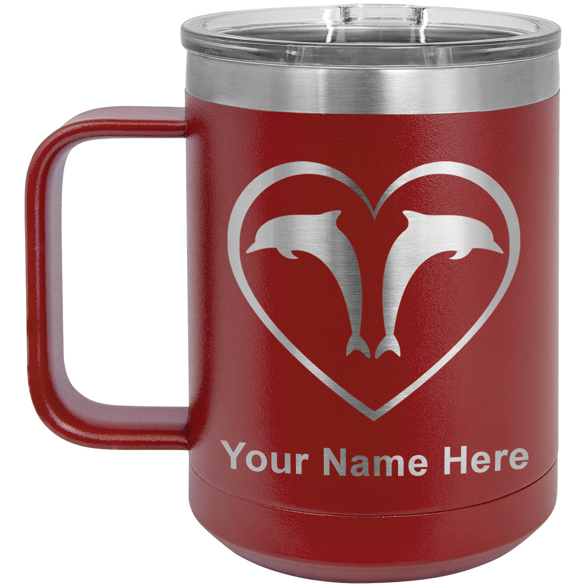 15oz Vacuum Insulated Coffee Mug, Dolphin Heart, Personalized Engraving Included