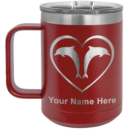 15oz Vacuum Insulated Coffee Mug, Dolphin Heart, Personalized Engraving Included