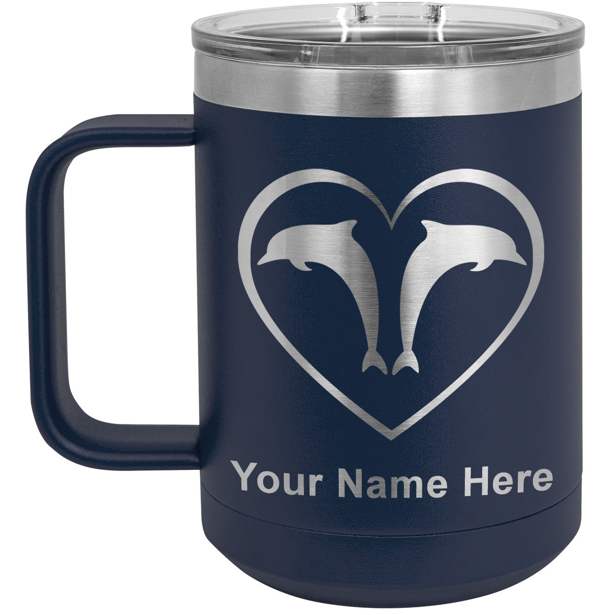 15oz Vacuum Insulated Coffee Mug, Dolphin Heart, Personalized Engraving Included