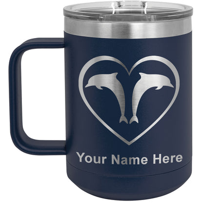 15oz Vacuum Insulated Coffee Mug, Dolphin Heart, Personalized Engraving Included