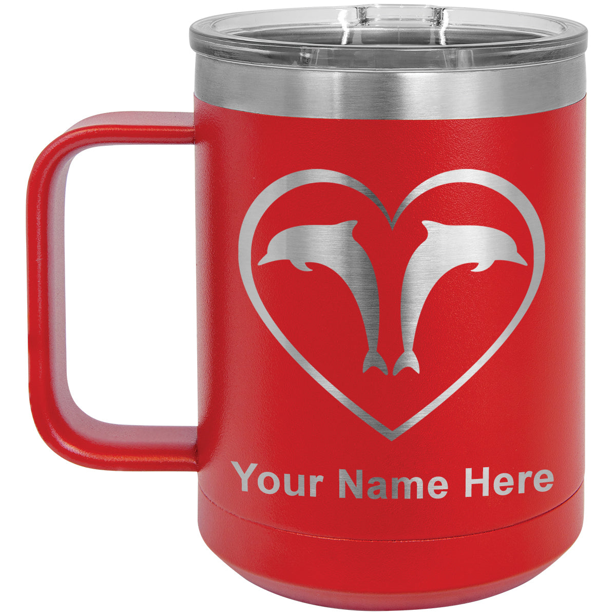 15oz Vacuum Insulated Coffee Mug, Dolphin Heart, Personalized Engraving Included